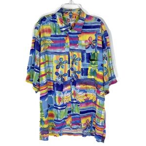 Vintage Hilo Hattie Shirt L Hawaiian Aloha Friday Floral Tropical Bright Colors